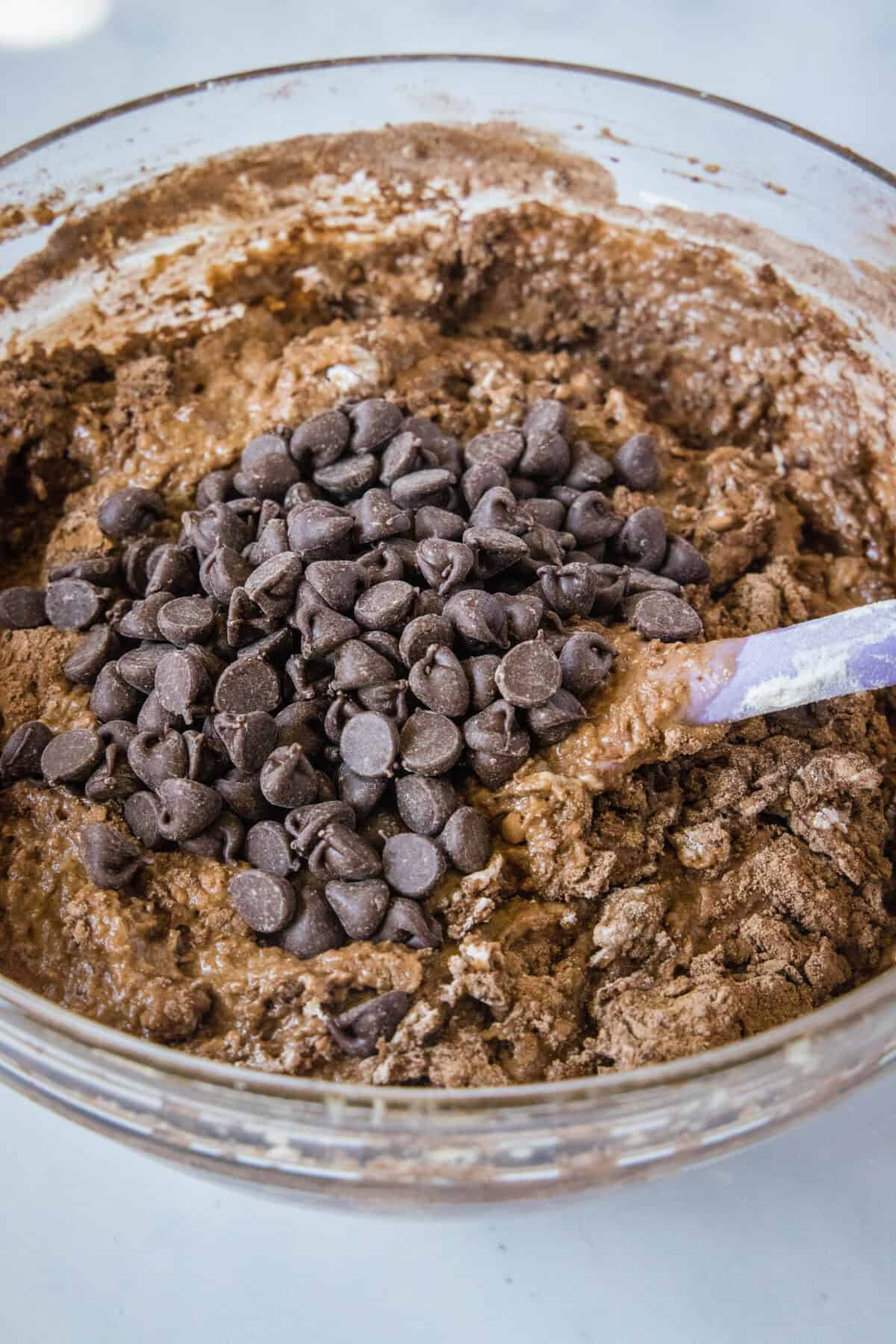 adding chocolate chips to muffin batter