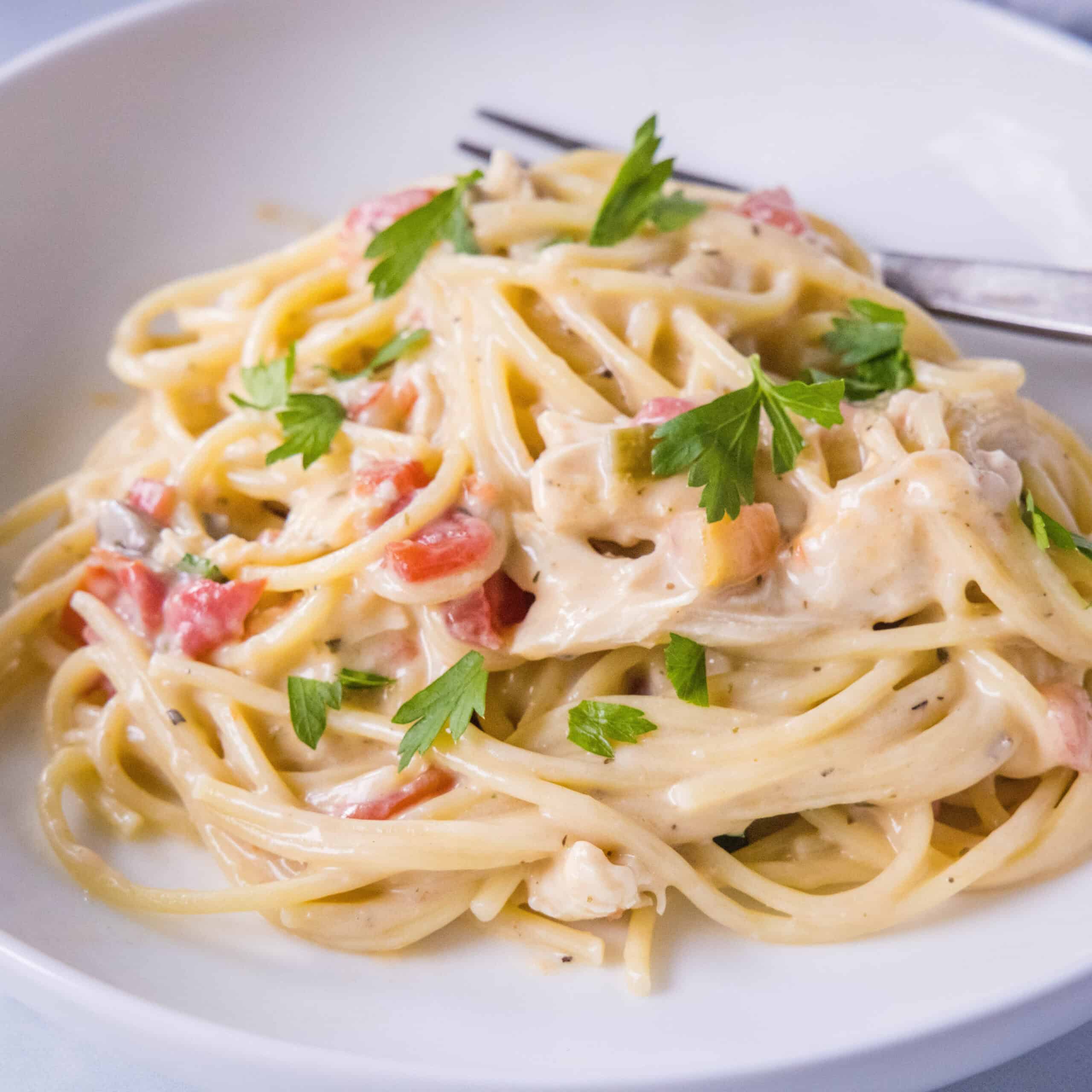 Easy Crockpot Chicken Spaghetti - - Dinners, Dishes, and Desserts