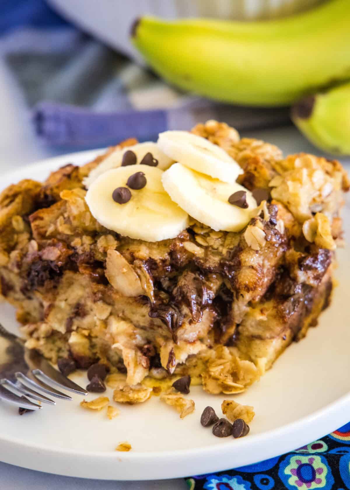 slice of banana baked french toast on a plate