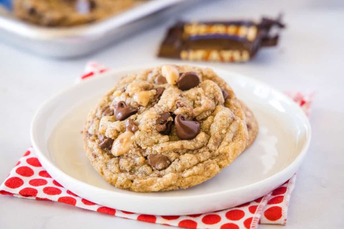 These Chocolate Chip Toffee Cookies are soft, chewy, and packed with rich caramel flavor from toffee bits and brown butter. Every bite is buttery, sweet, just the right amount of chocolate.