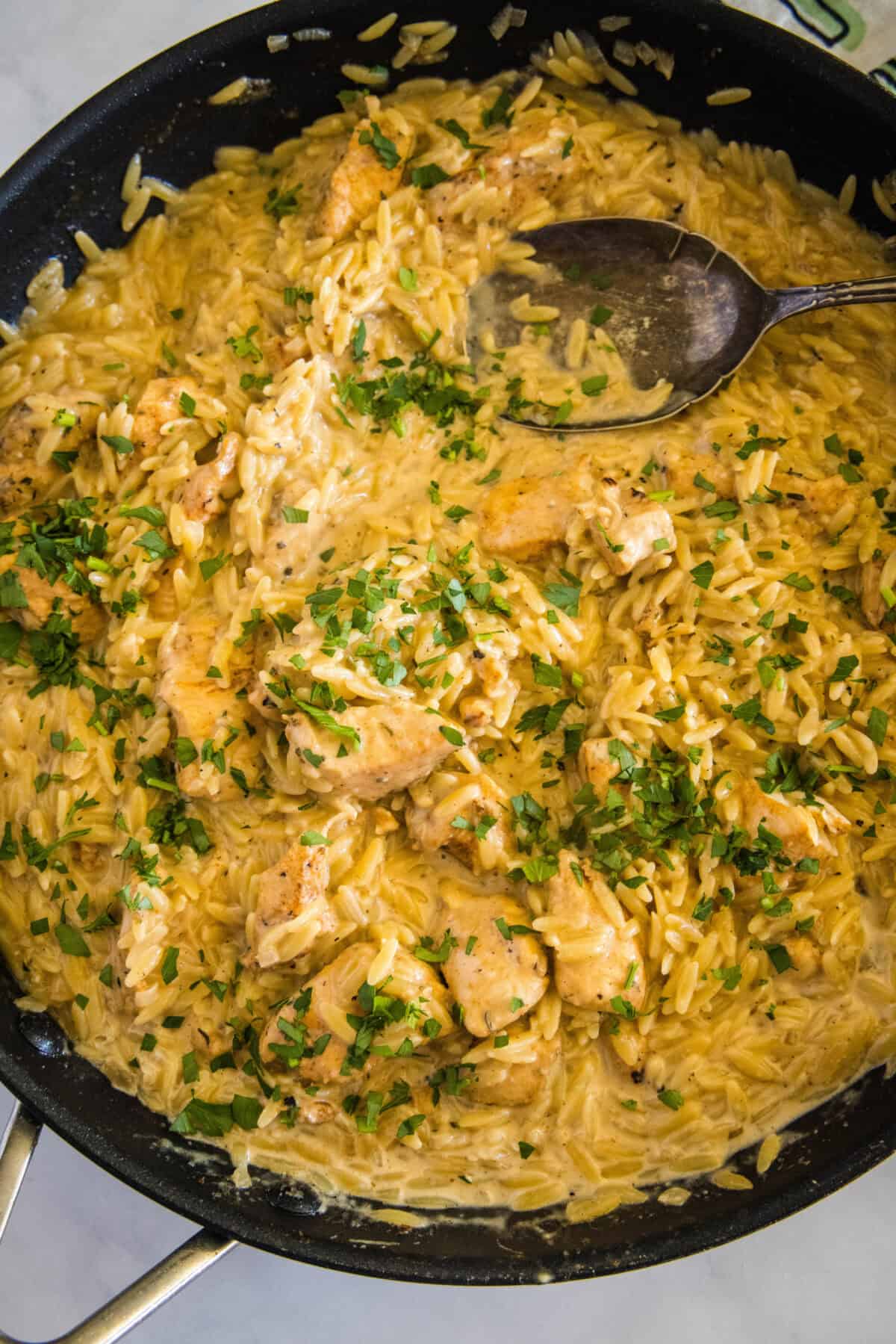 looking down on skillet with creamy chicken and orzo