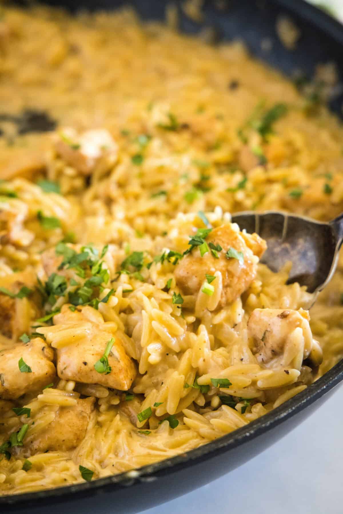 scooping chicken and orzo out of skillet