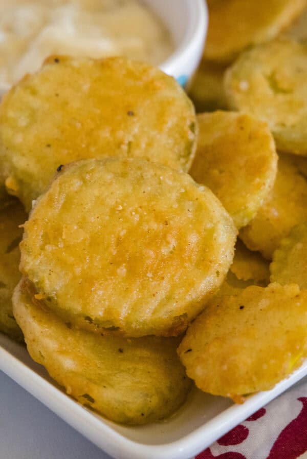 close up fried pickles on a plate