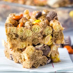 stacked reese's puffs bars cropped close up