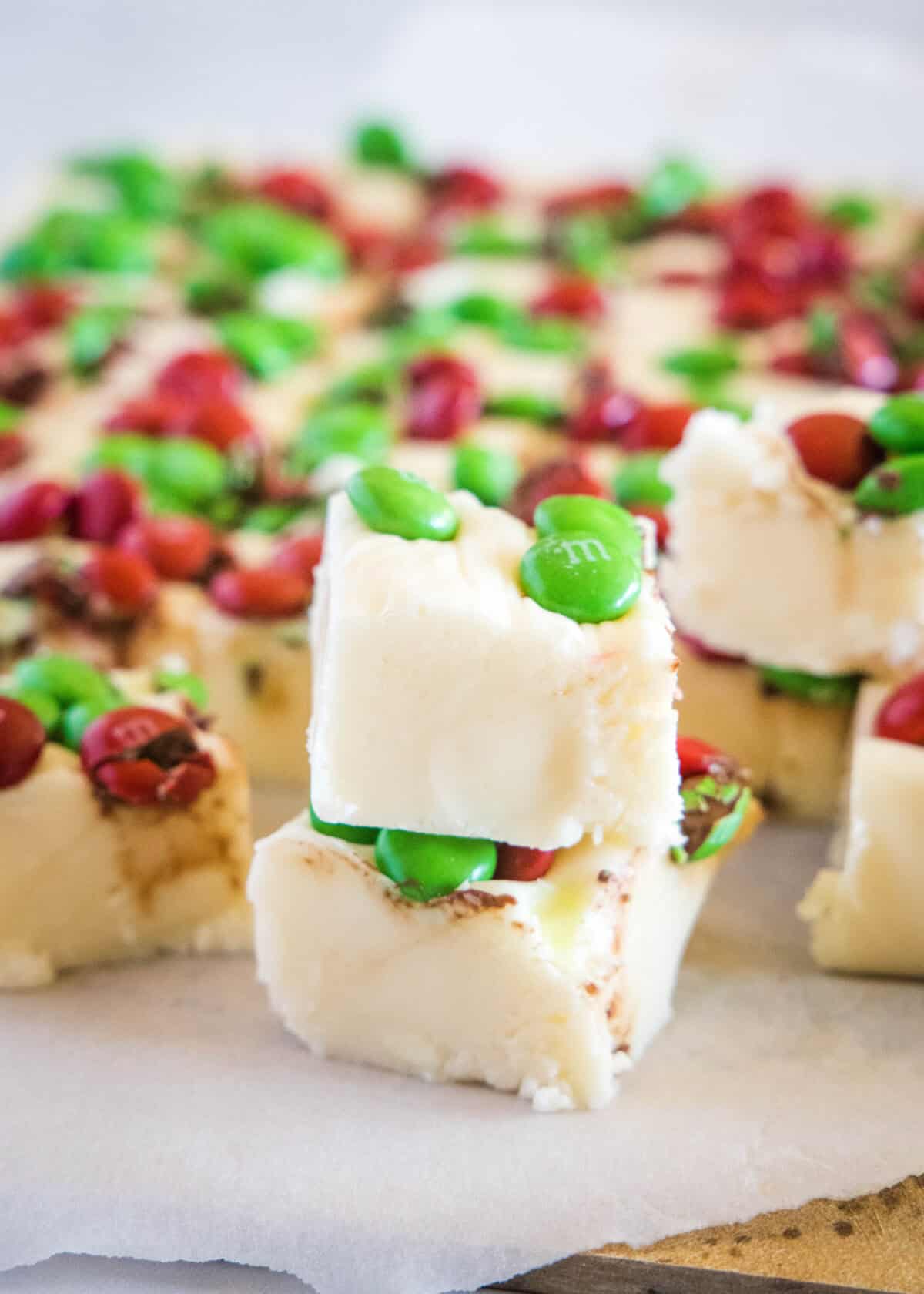white chocolate fudge on a cutting board