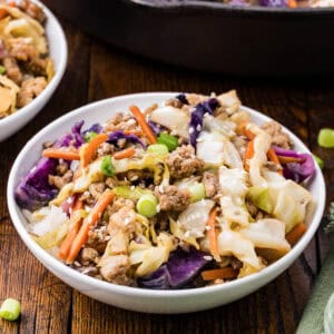 close up serving of chicken egg roll bowl