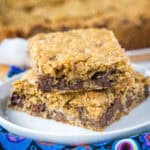 stacked oatmeal chocolate chip bars on a plate