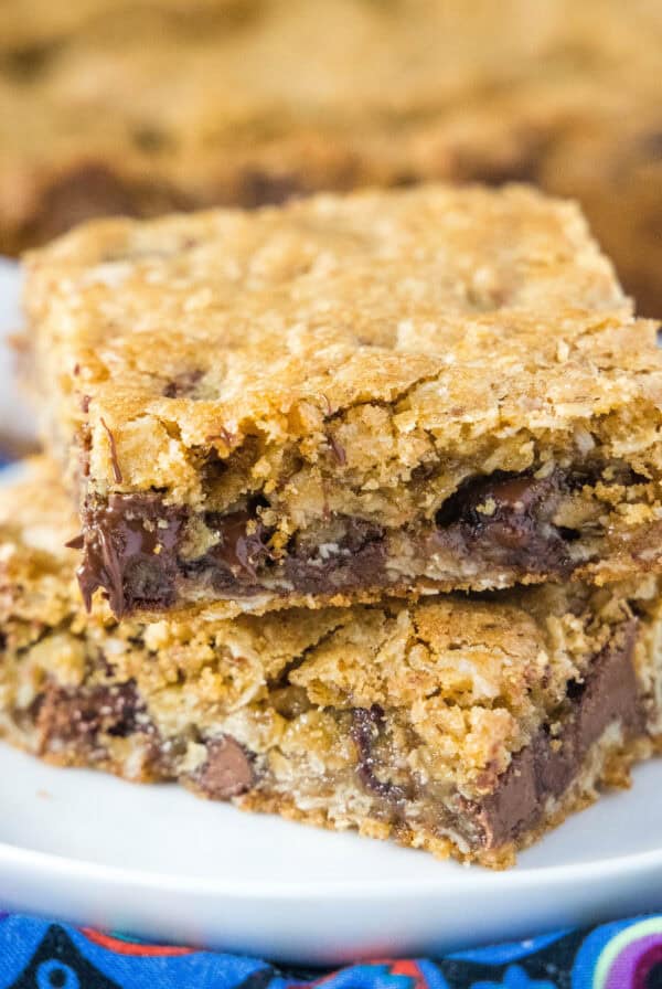 stacked oatmeal chocolate chip bars on a plate