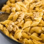 close up ground turkey pasta in skillet