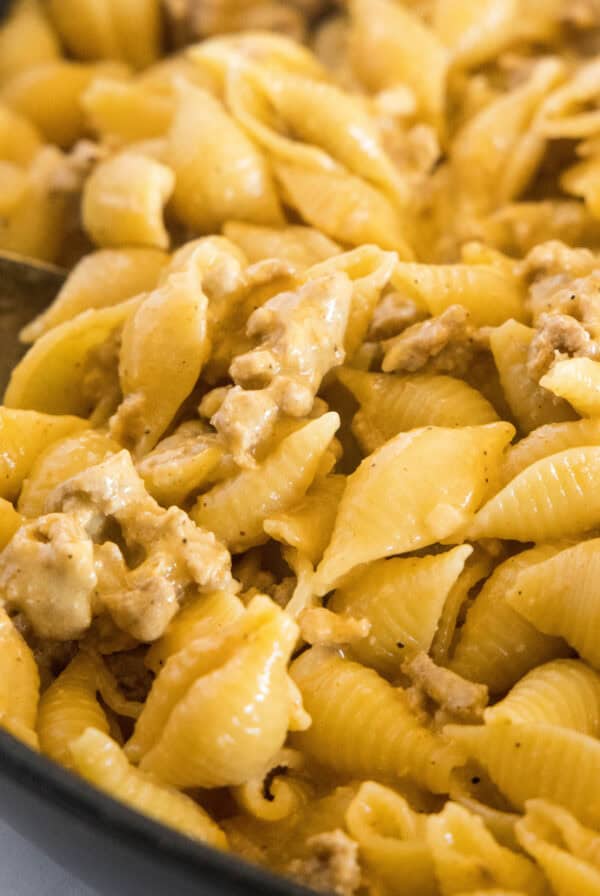 close up ground turkey pasta in skillet
