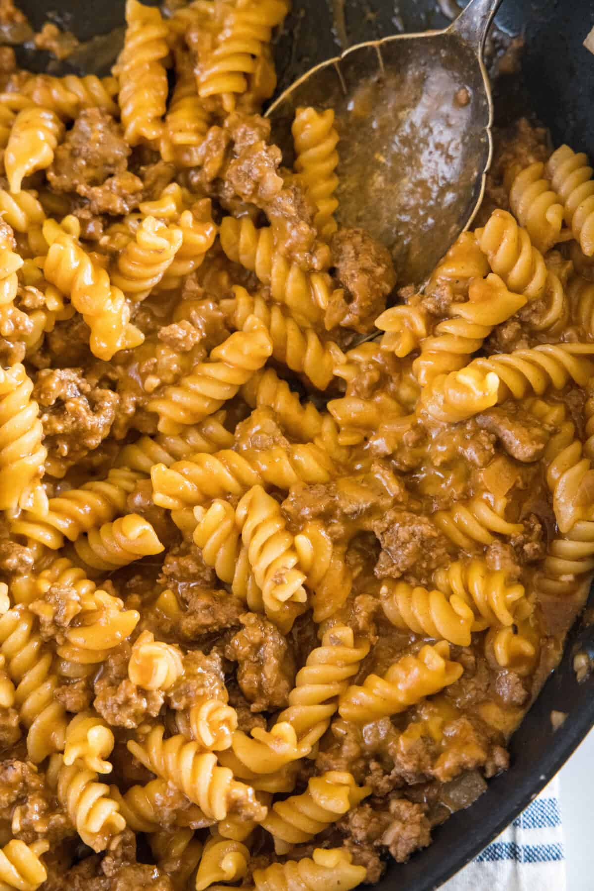 looking down on skillet with sloppy jo pasta in it
