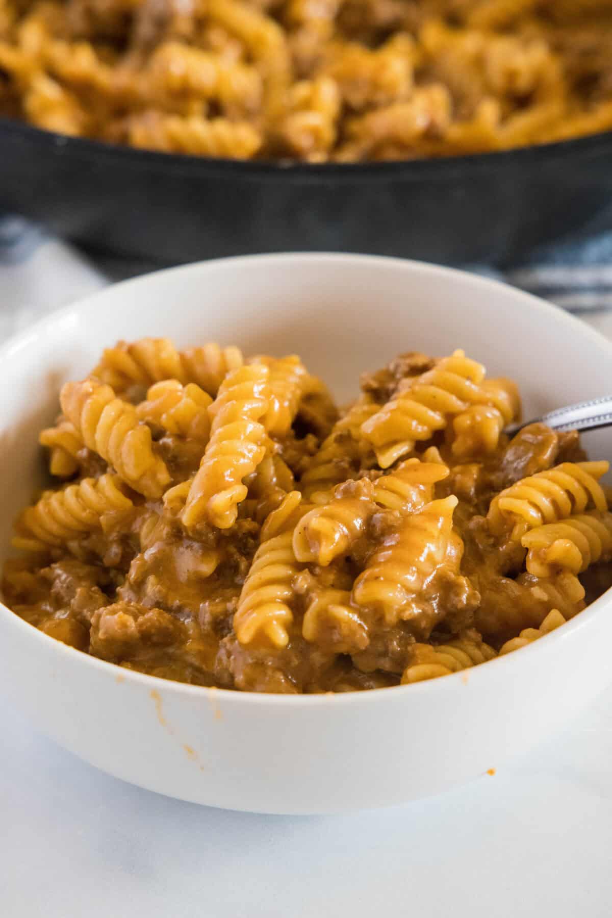 sloppy joe pasta in a white bowl