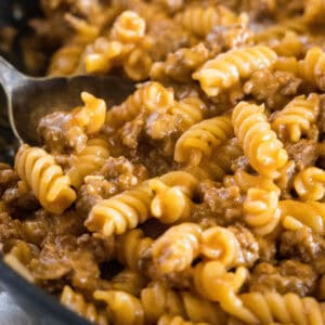 cropped close up sloppy joe pasta in skillet