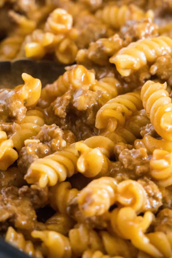cropped close up sloppy joe pasta in skillet