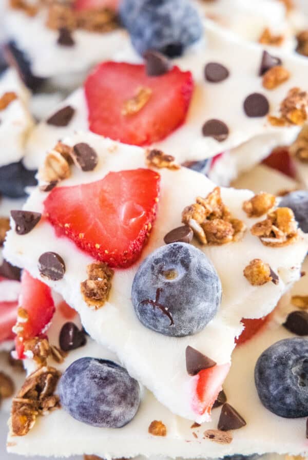 cropped close up yogurt bark sliced on a serving tray