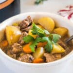 beef stew close up in a white bowl
