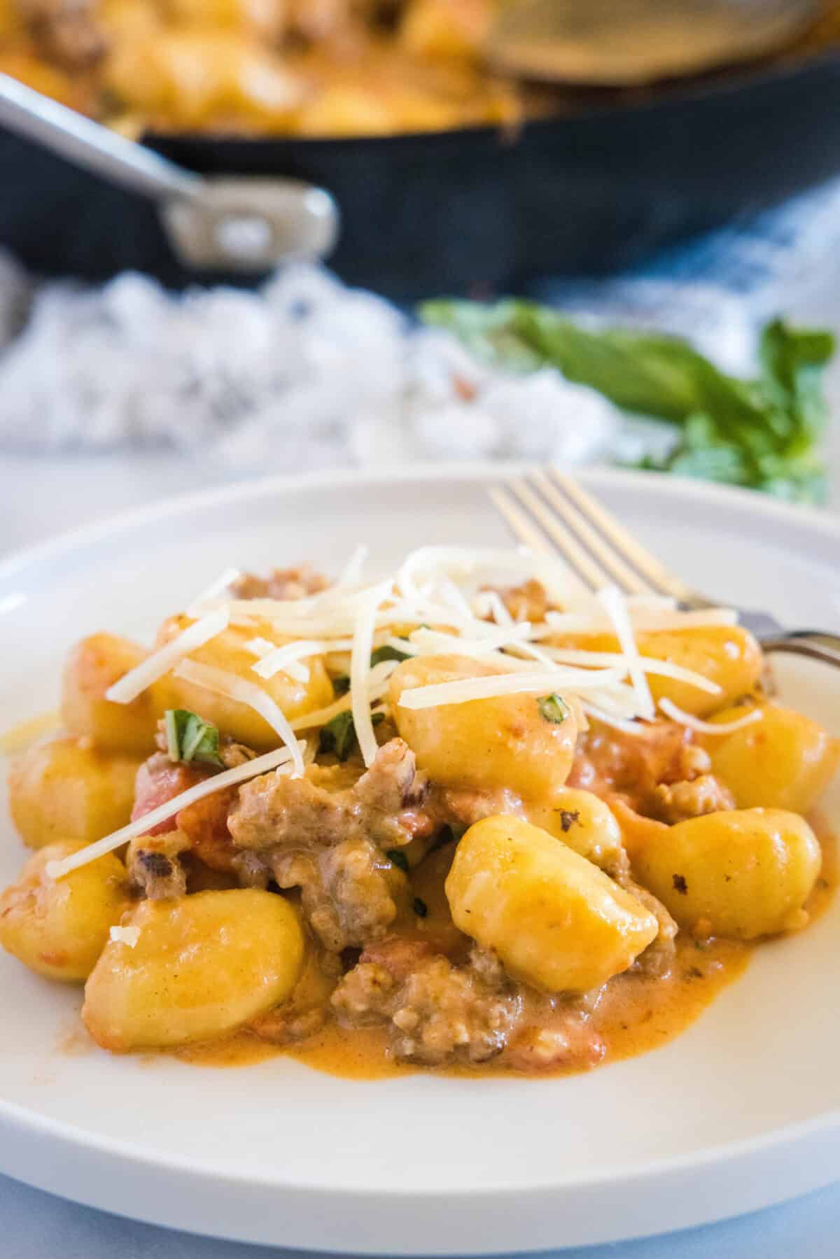 plate with gnocchi with italian sausage topped with cheese