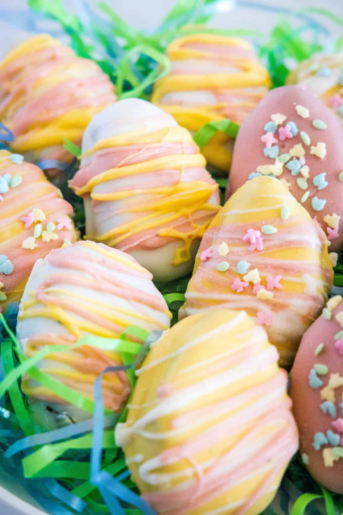 decorated oreo balls for easter on a plate