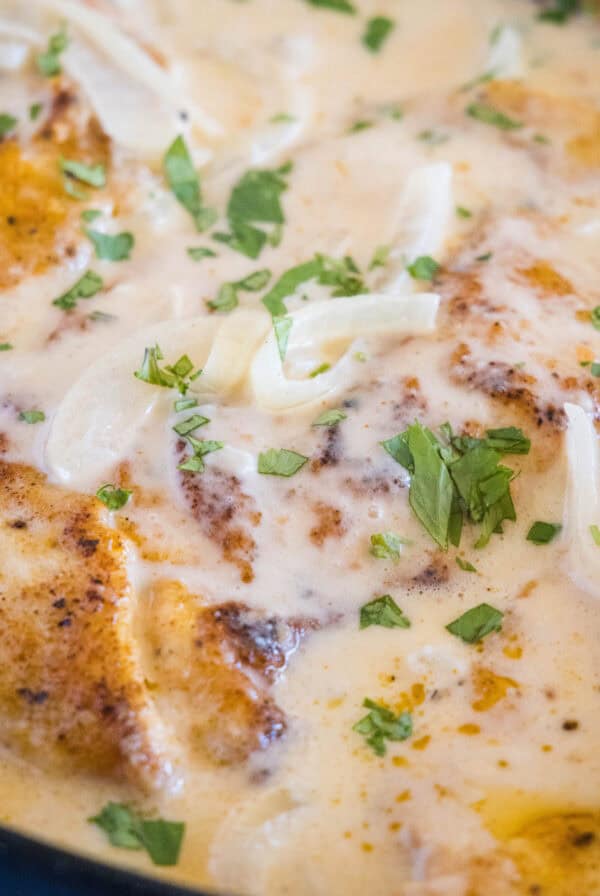 close up smothered chicken in skillet