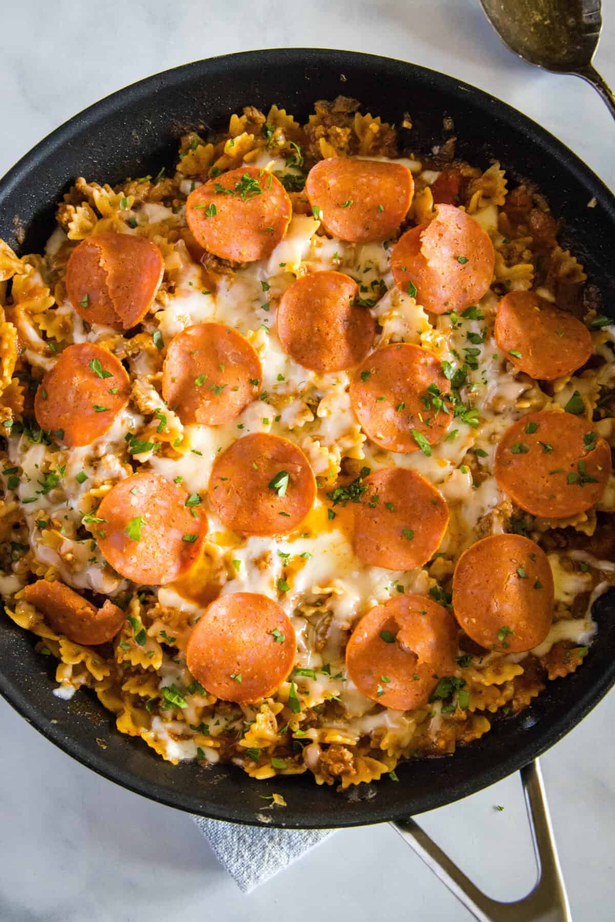 pizza pasta in a skillet