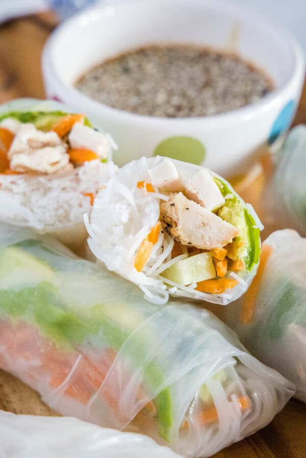 close up chicken spring rolls sliced