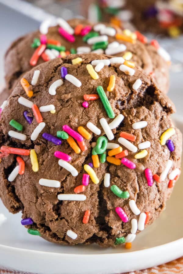 close up chocolate sprinkle cookies on a plate