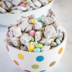 cropped close up easter muddy buddies in a bowl