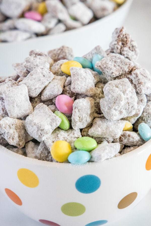 cropped close up easter muddy buddies in a bowl