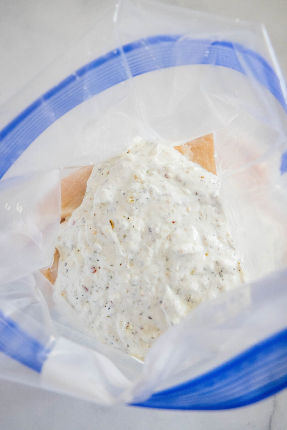 adding chicken and marinade to the bag