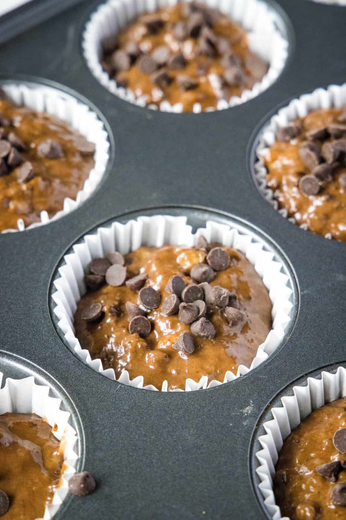chocolate banana muffin batter in muffin tin