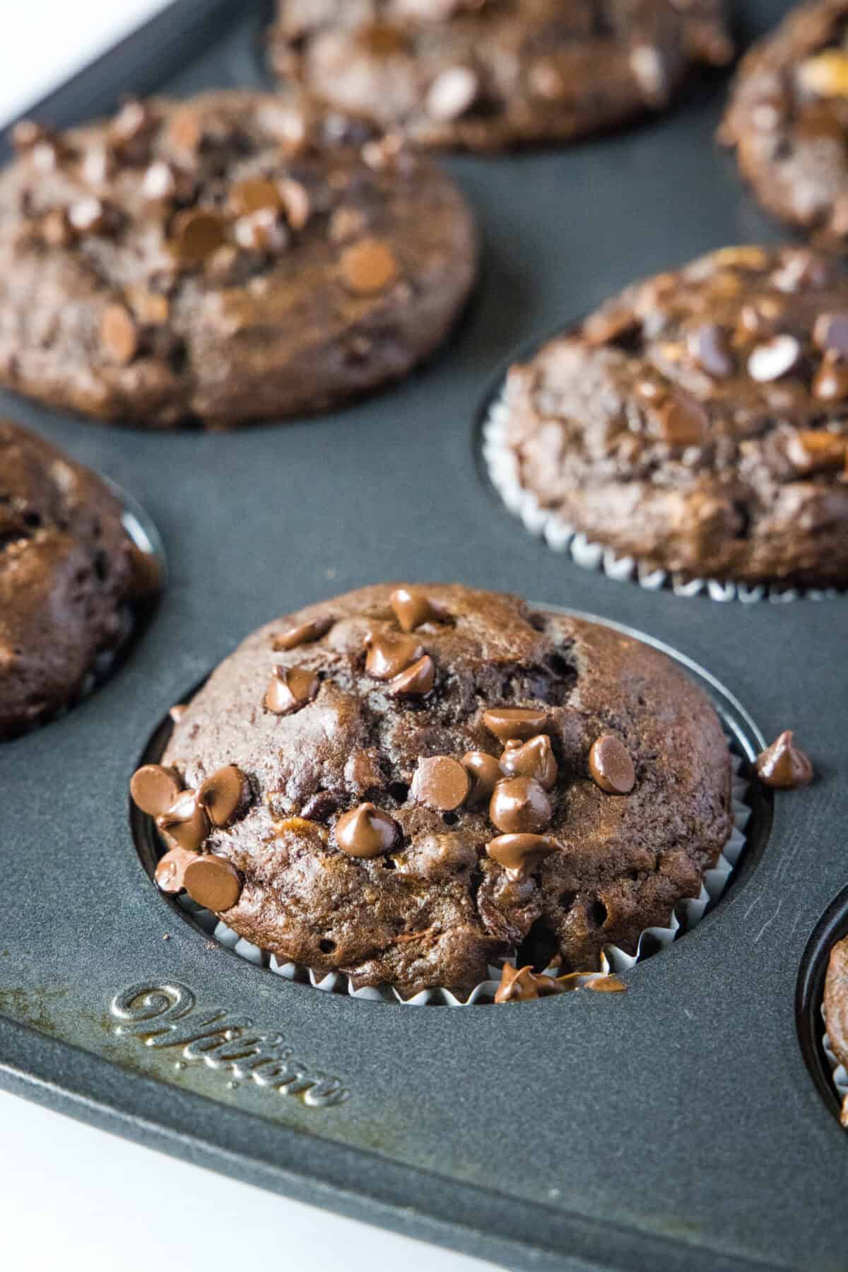 Banana Chocolate Chip Muffins | Dinners, Dishes, and Desserts chocolate banana muffins in muffin pan