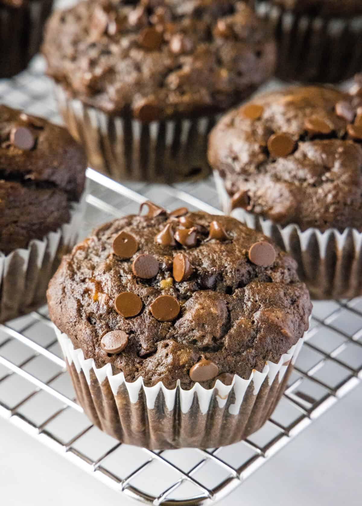 Banana Chocolate Chip Muffins | Dinners, Dishes, and Desserts chocolate banana muffins on cooling rack