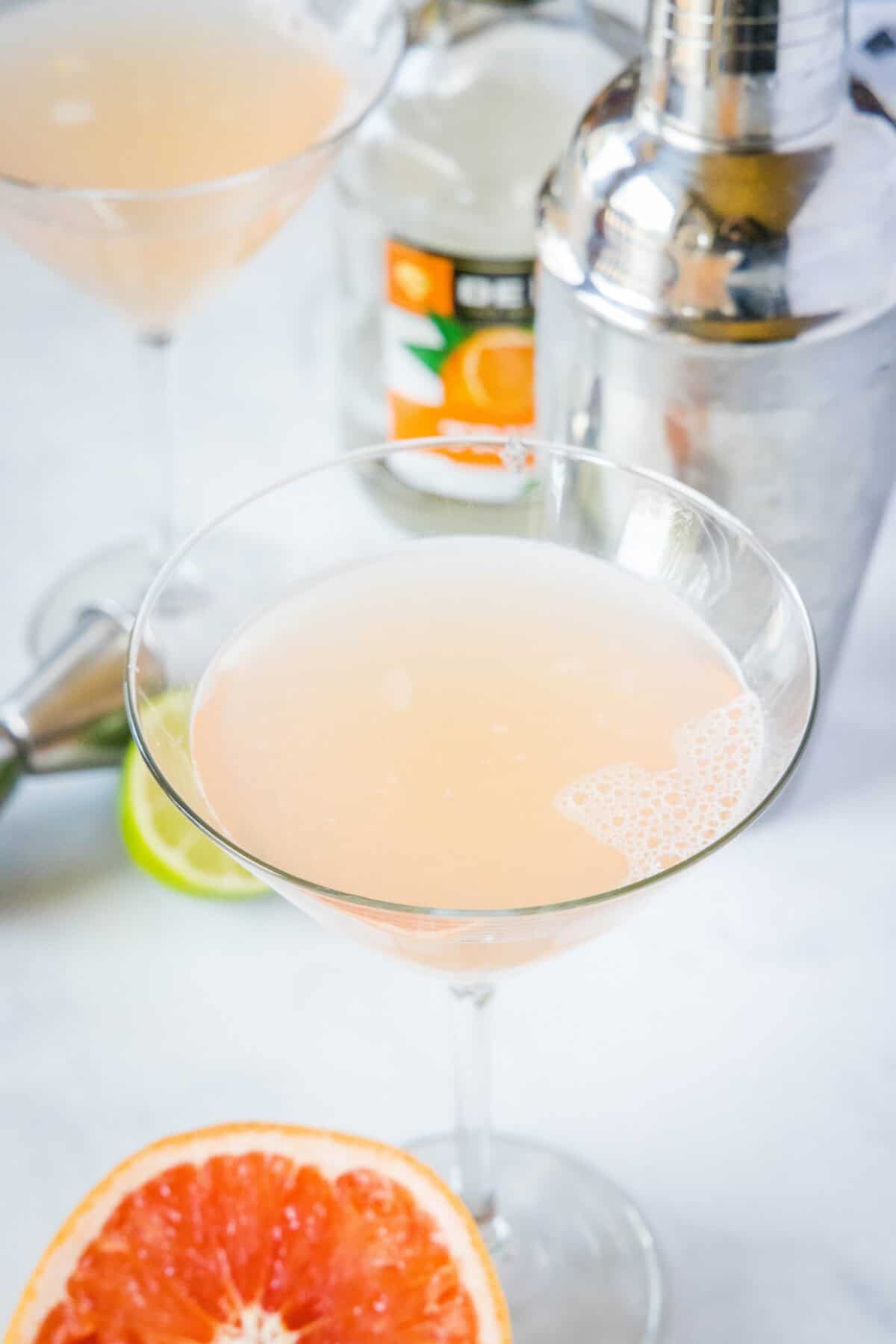 looking down on a glass of a grapefruit martini