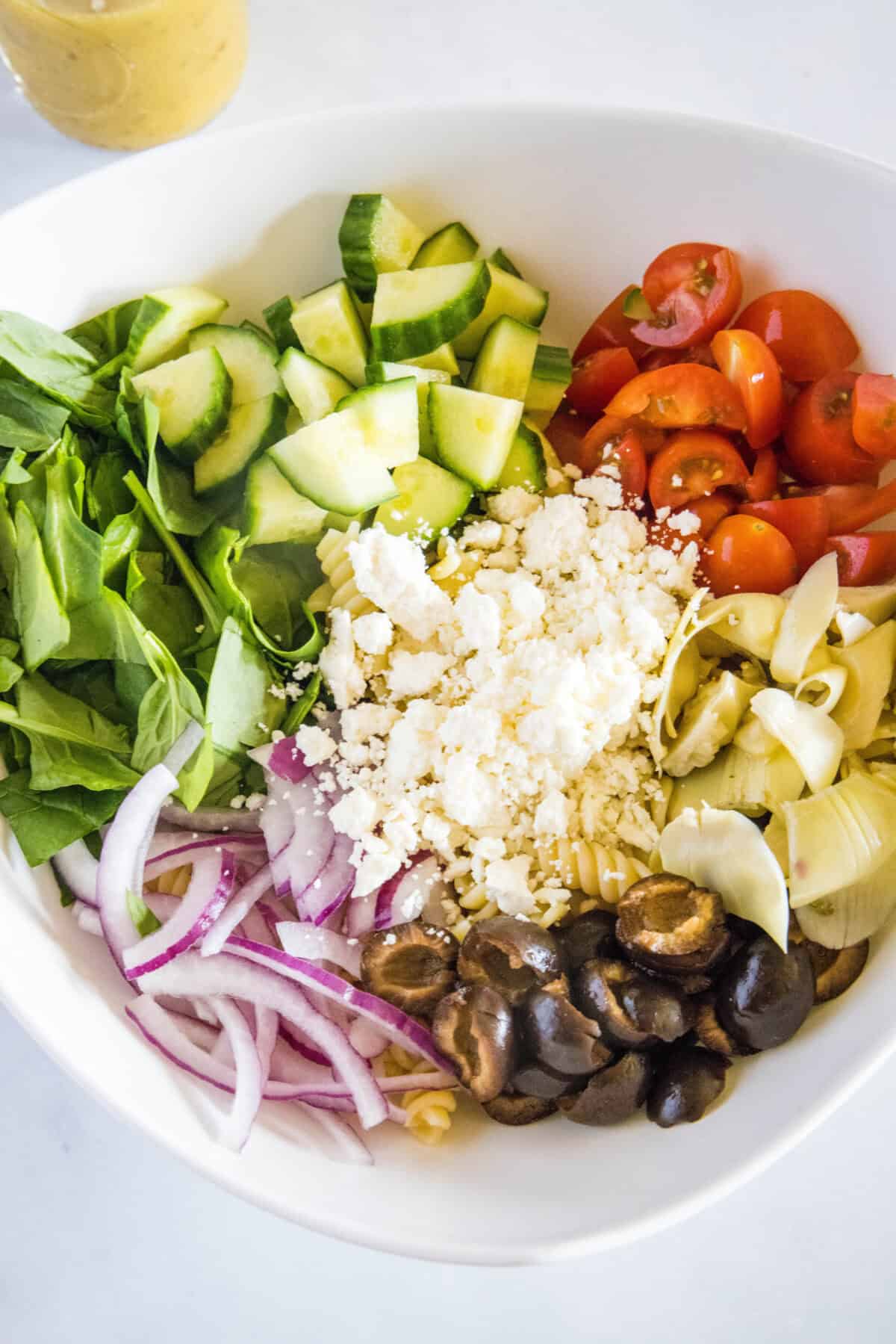 pastas salad ingredients in bowl