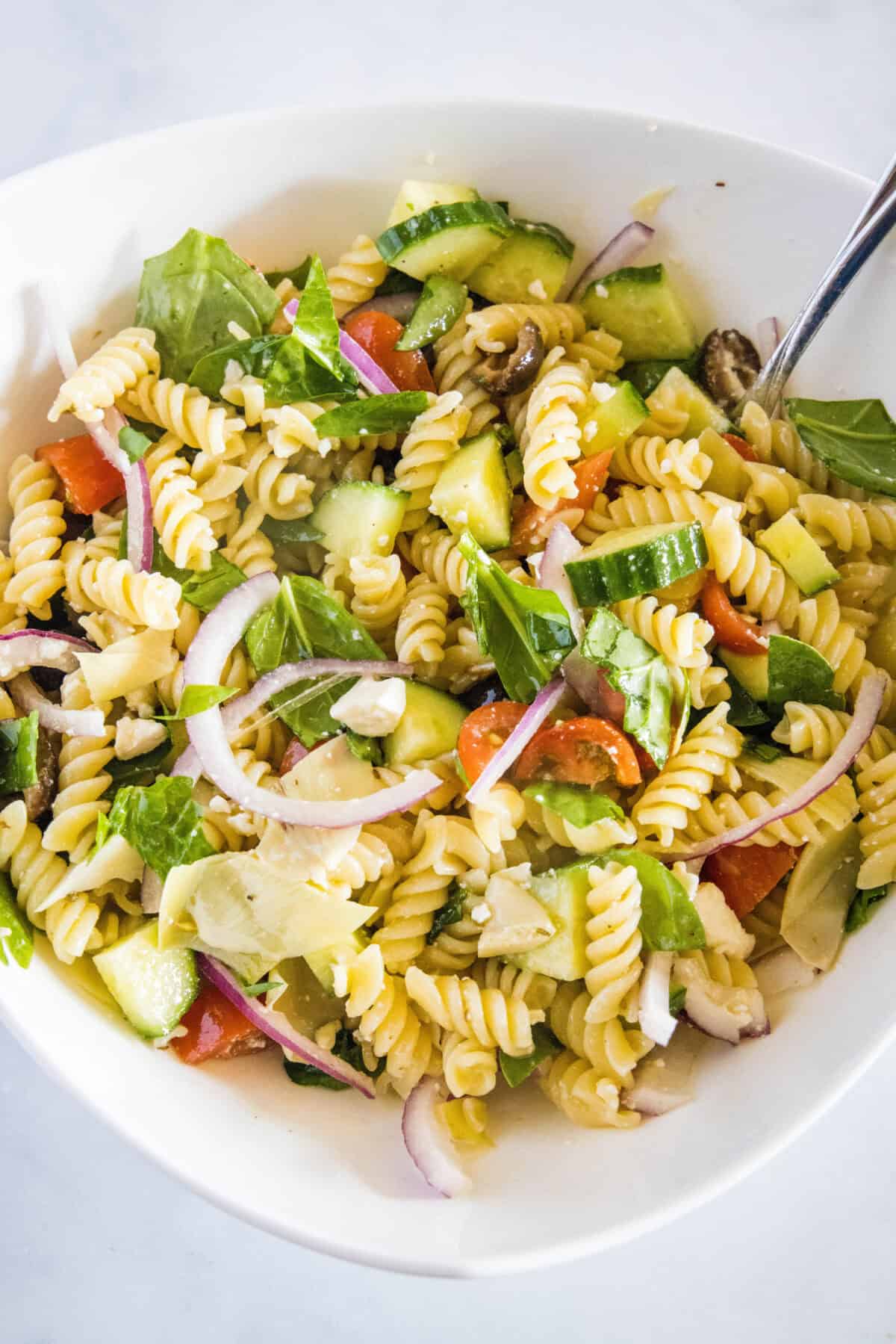 looking down on bowl of pasta salad