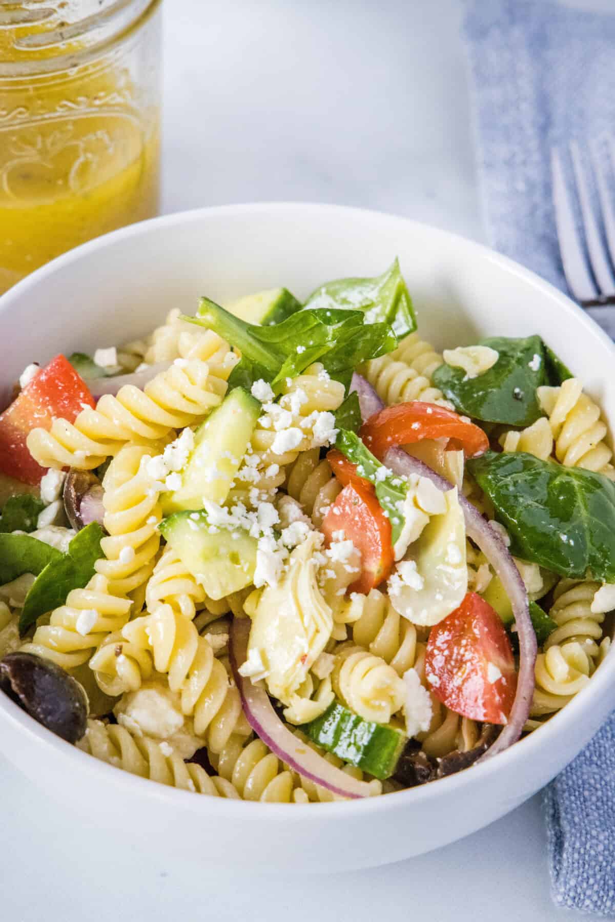 bowl of mediterranean pasta salad