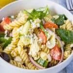 close up bowl of mediterranean pasta salad