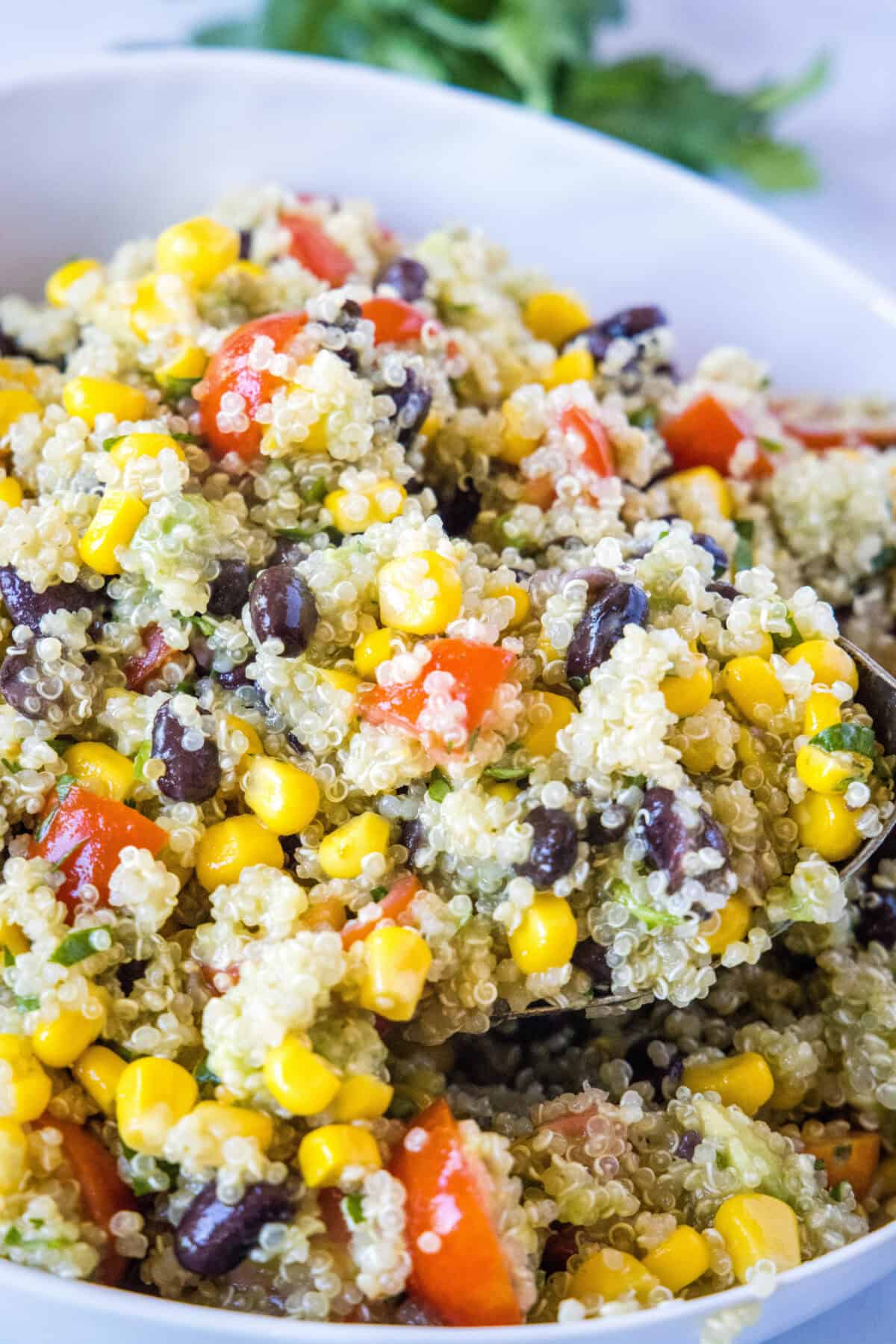 spooning mexican quinoa salad from serving bowl