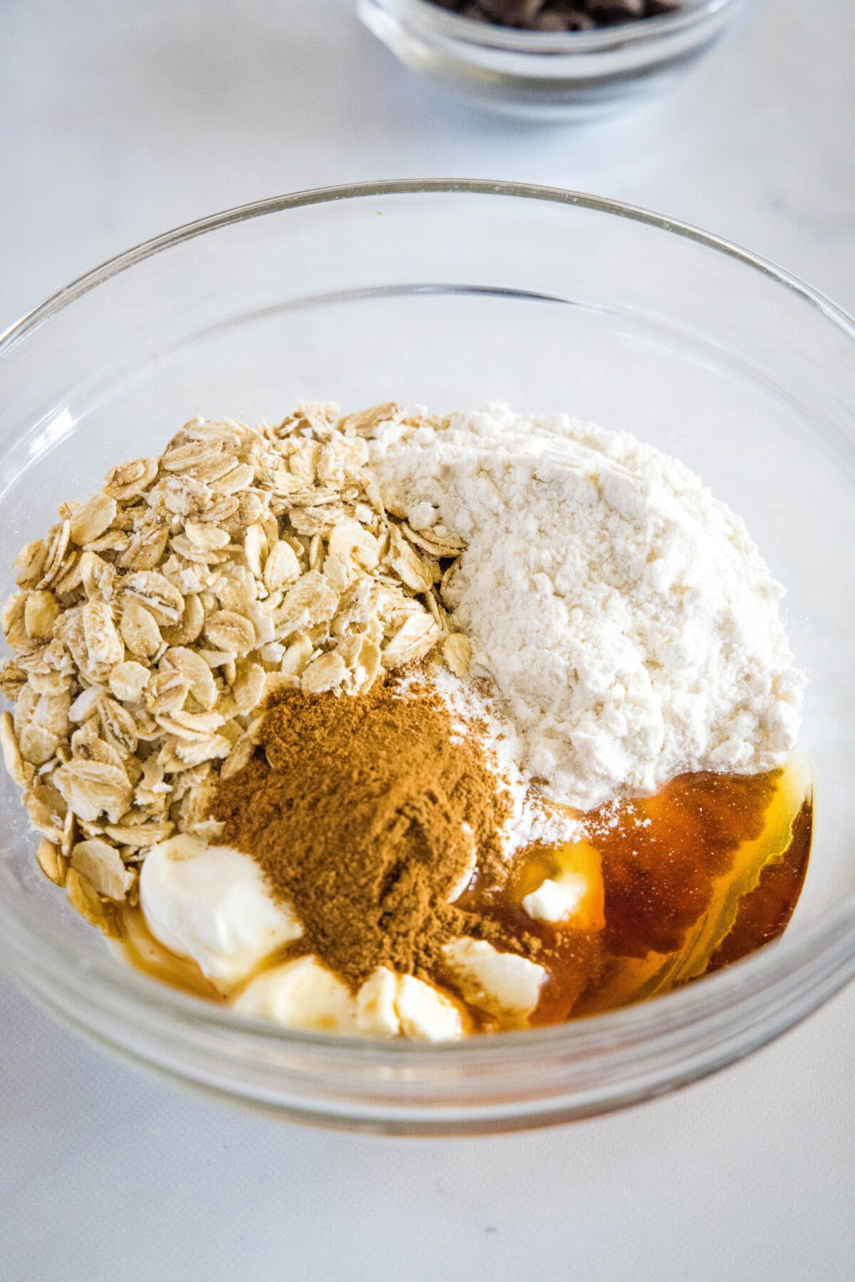 ingredients in mixing bowl for microwave breakfast cookie