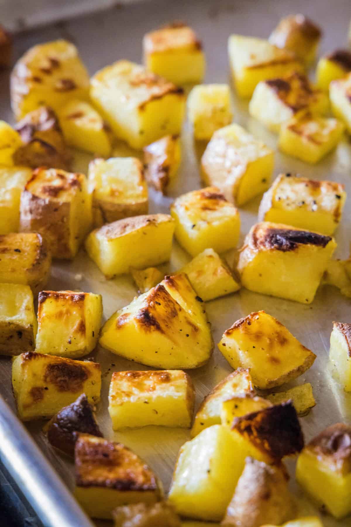 roasted potatoes on baking tray