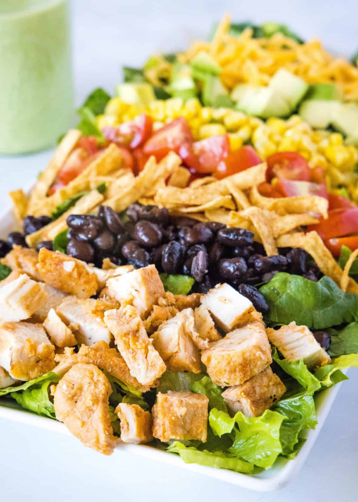 southwest cobb salad on a plate with ingredients all lined up