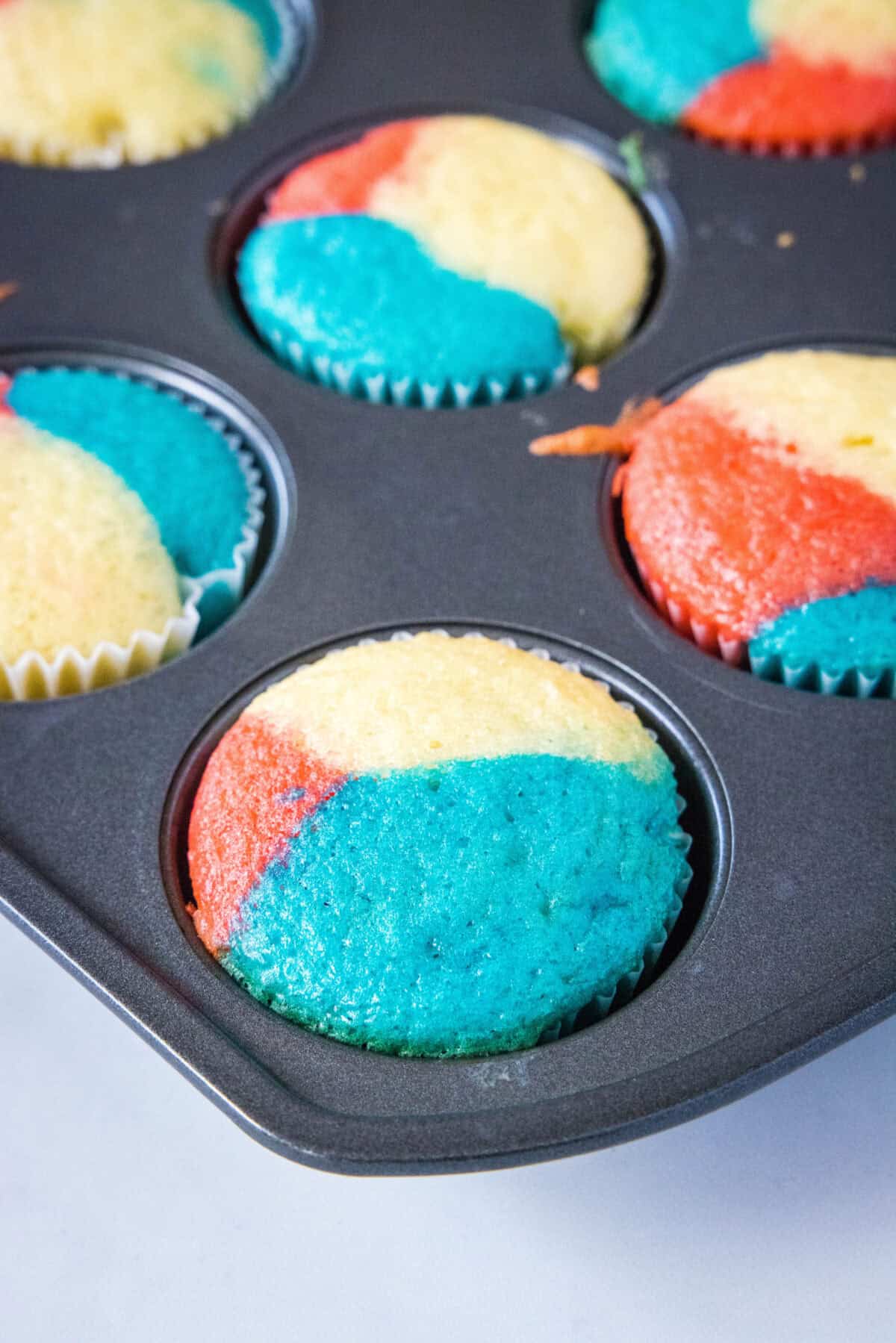 red white and blue cupcake baked in muffin tin