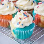 close up 4th july cupcakes on wire rack