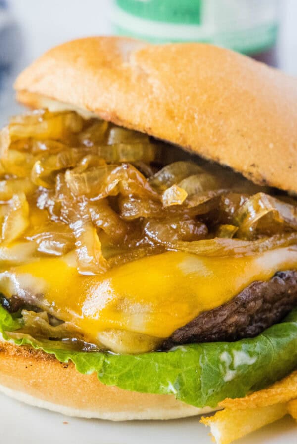 cropped close up caramelized onion burgers