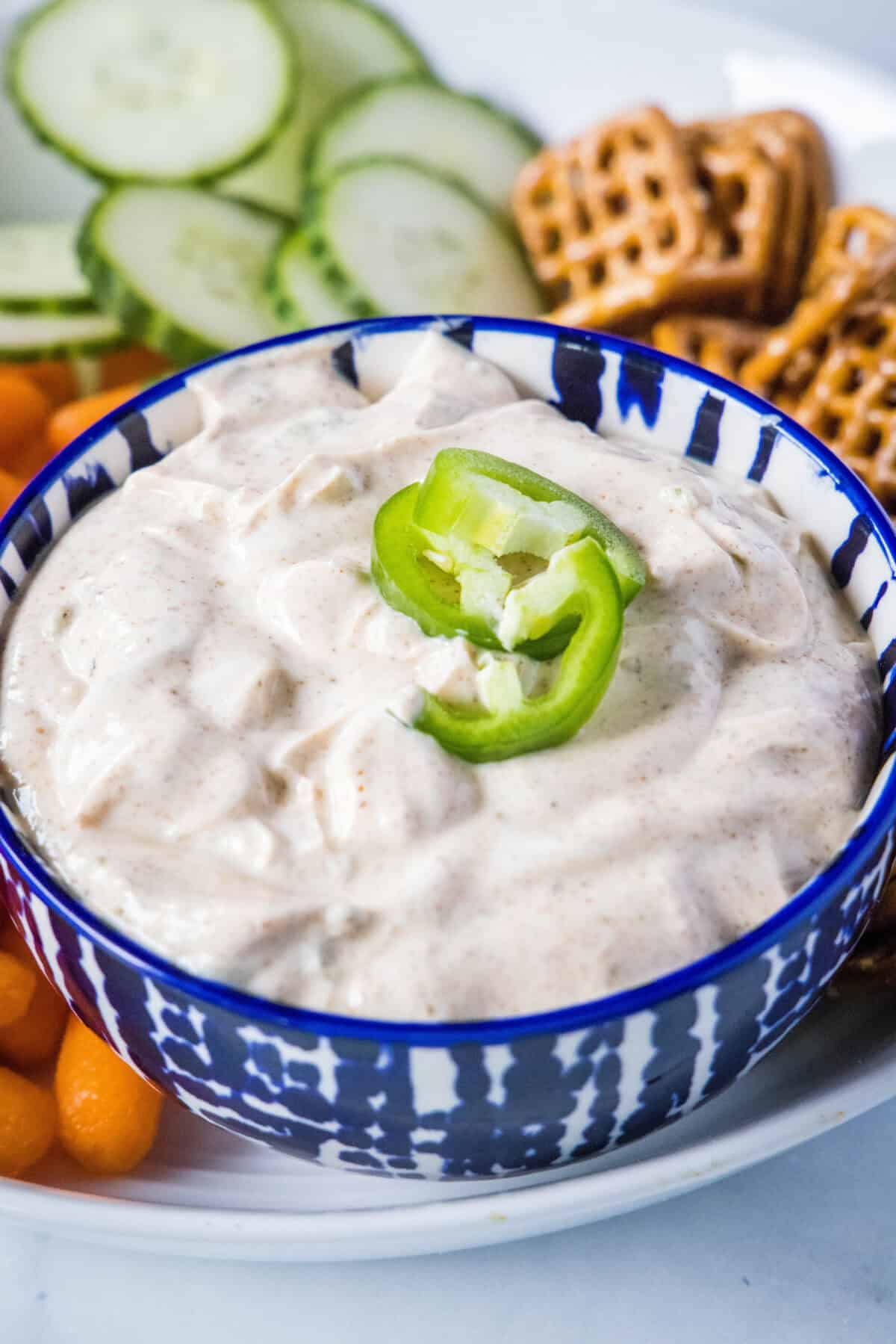 yogurt dip with carrots and pretzels around it