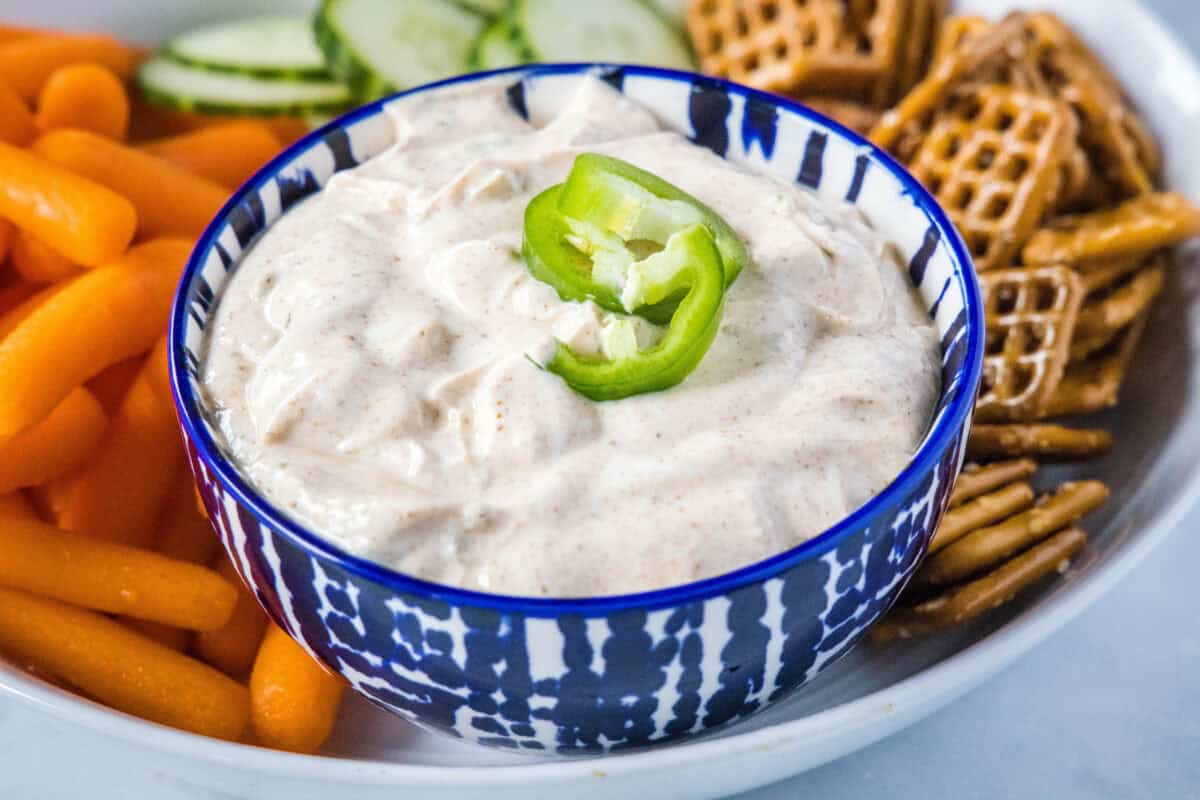 Spicy Chili Lime Yogurt Dip 3 This easy yogurt dip is ready in just 5 minutes! Creamy Greek yogurt is mixed with chili powder, fresh lime juice, and jalapeño for a bold, zesty dip perfect with veggies, chips, or pretzels.