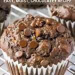 Chocolate banana muffins with text overlay for pinterest