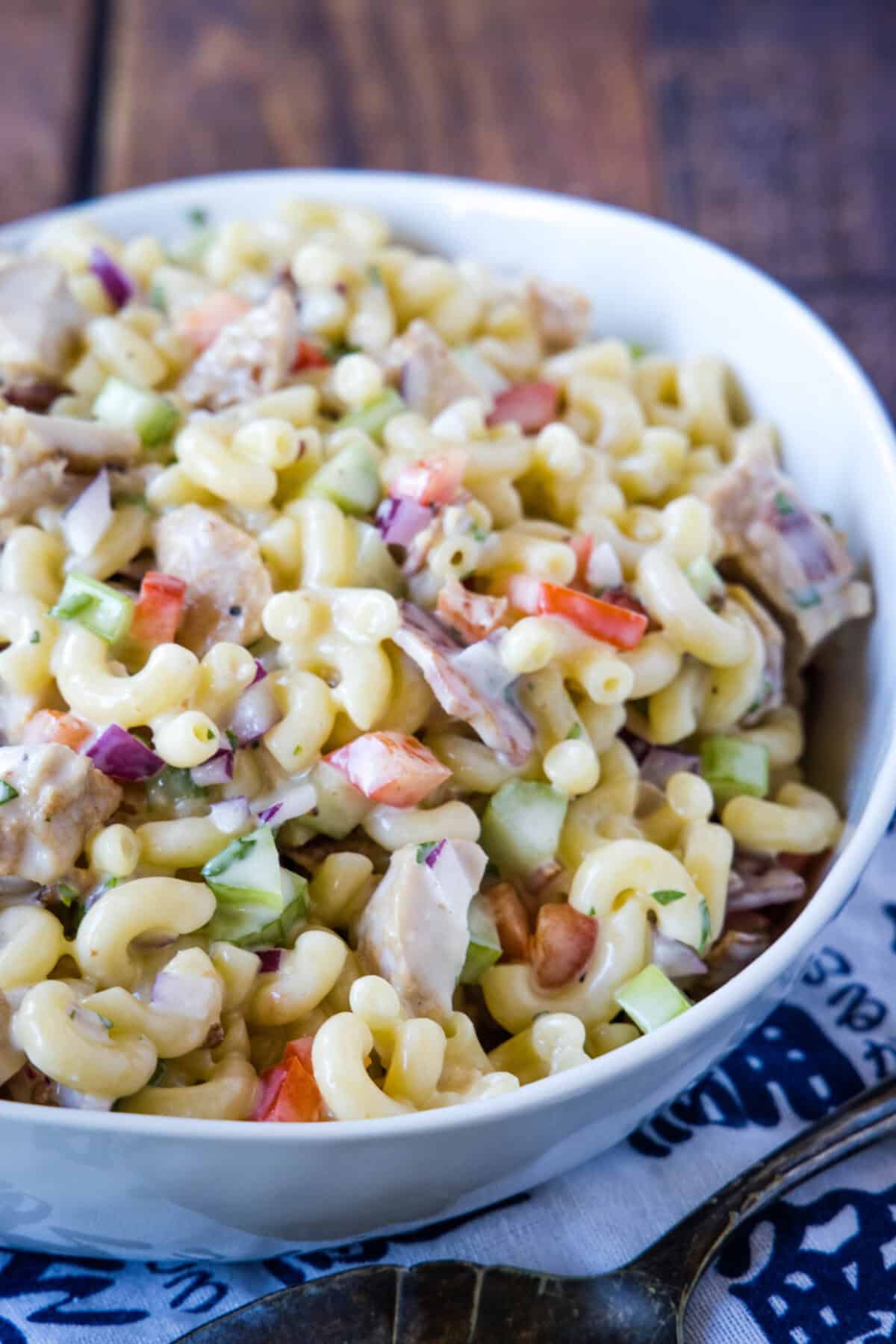 chicken macaroni salad in white bowl