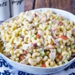 cropped close up chicken macaroni salad in serving bowl