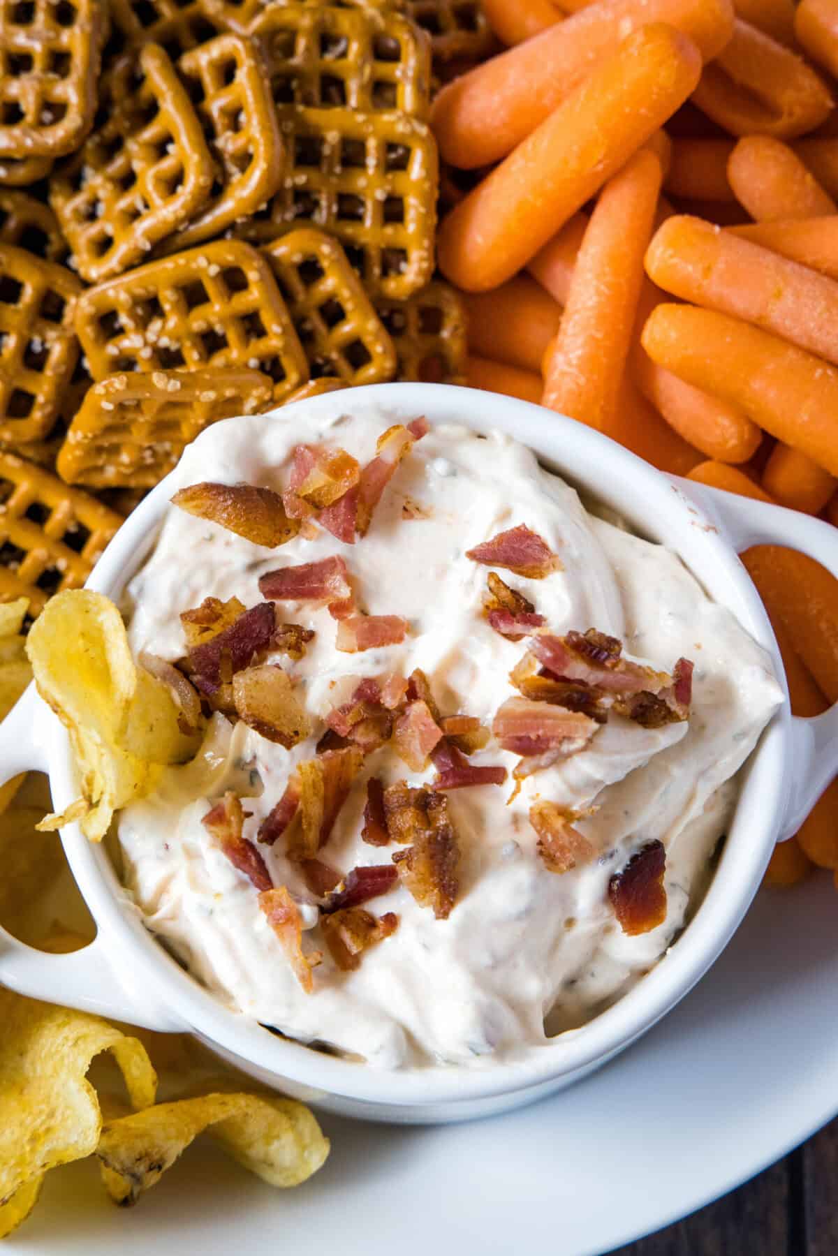 looking down on chipotle bacon ranch dip on serving platter